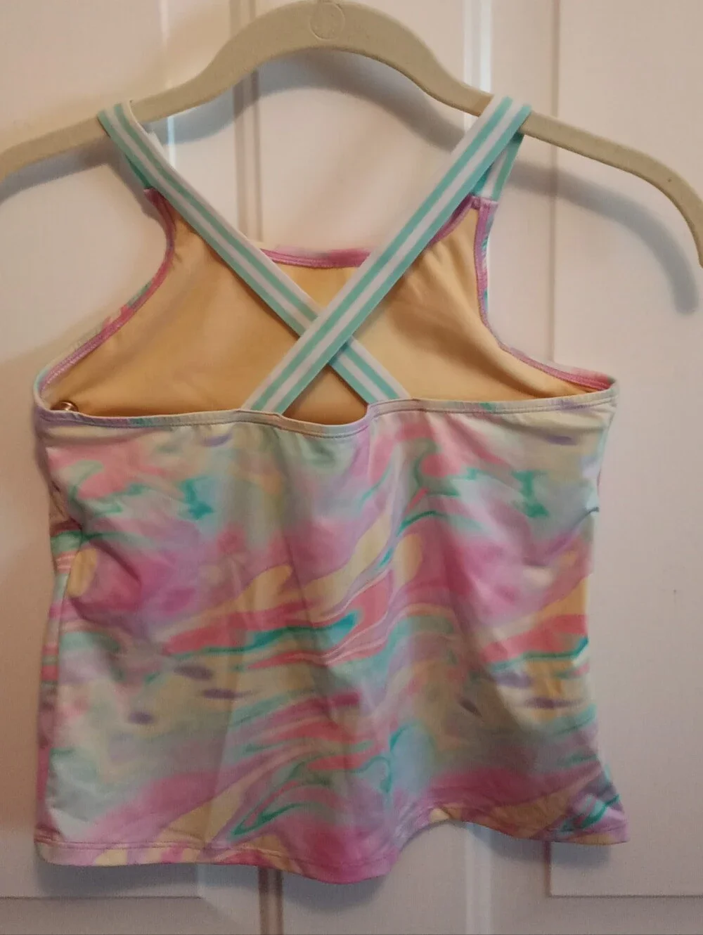Land's End Girl's Pastel Marble-Print Tankini Top with Striped Crossback Straps
